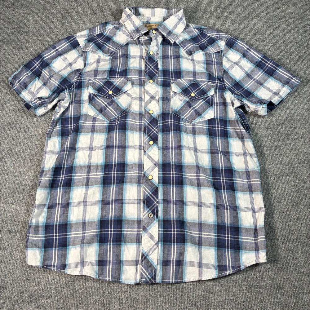 Roebuck & Co Western Shirt Mens M Blue Plaid Pearl Snap Cotton Cowboy Rodeo